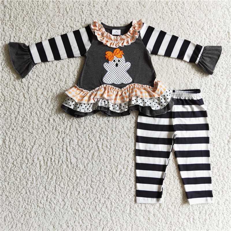RTS NO MOQ(In Stock) GLP0180 Embroidered halloween Long Sleeve Pants Set