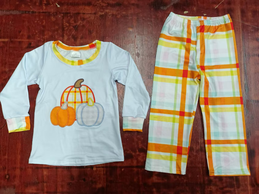 Custom moq 3 eta 6-7weeks Light blue pumpkin embroidered long-sleeved top-orange irregular plaid trousers set
