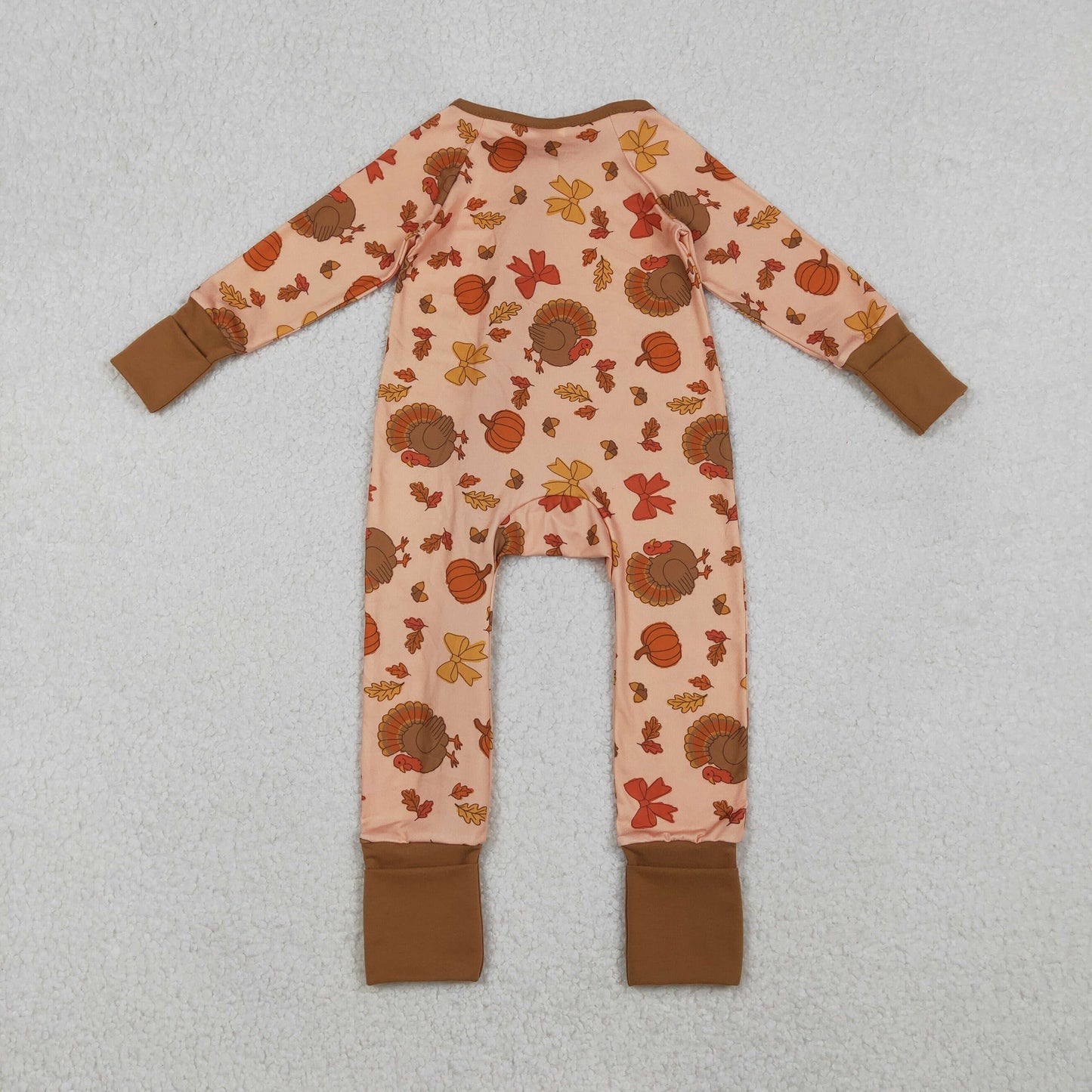 RTS NO MOQ(In Stock) LR2689 Turkey pumpkin bow pattern long-sleeved zip-up bodysuit