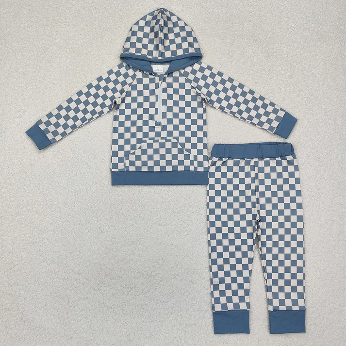 RTS NO MOQ Baby Girls Plaid hooded Long Sleeve Pants Set