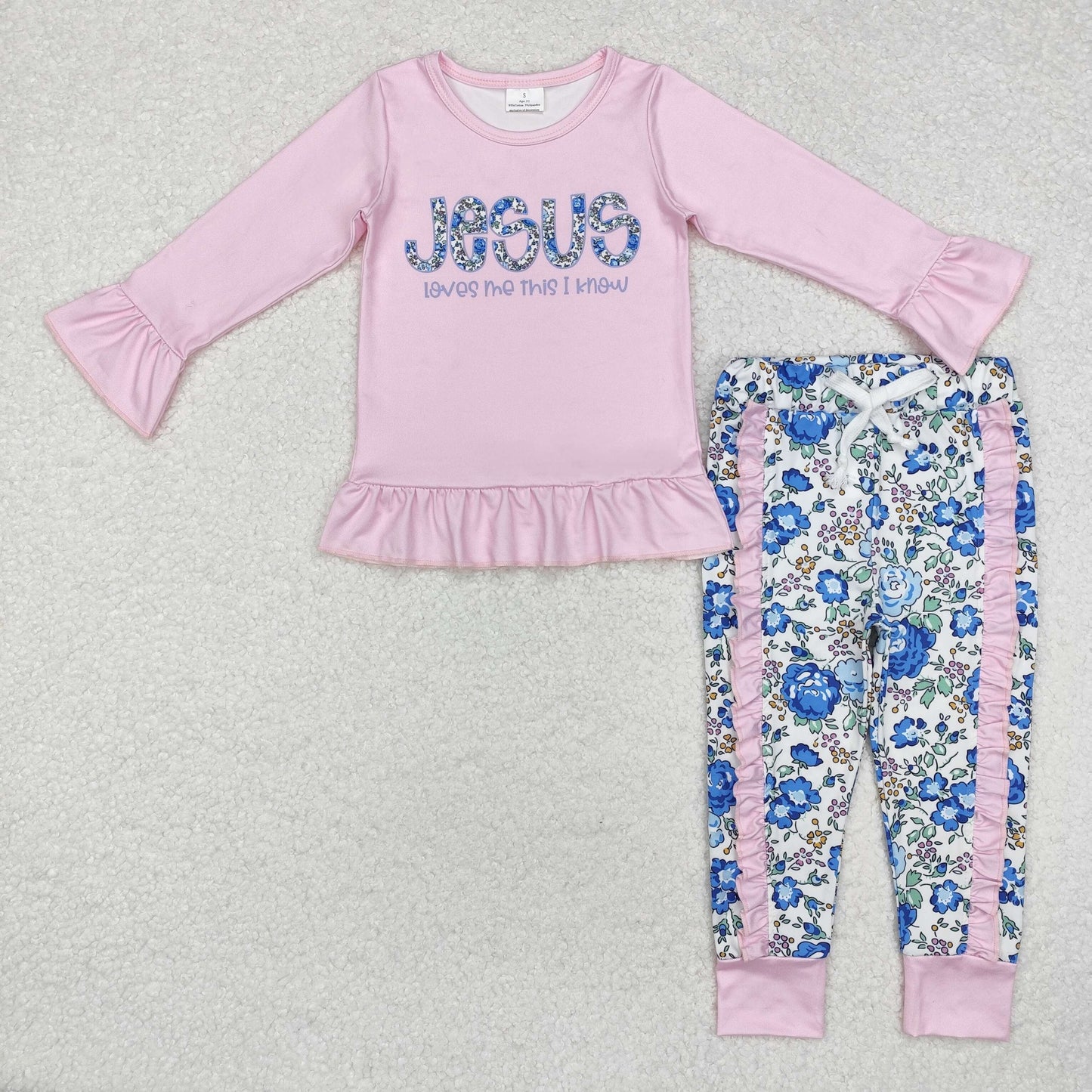 RTS NO MOQ(In Stock) jesus pink lace long sleeve flower pants set