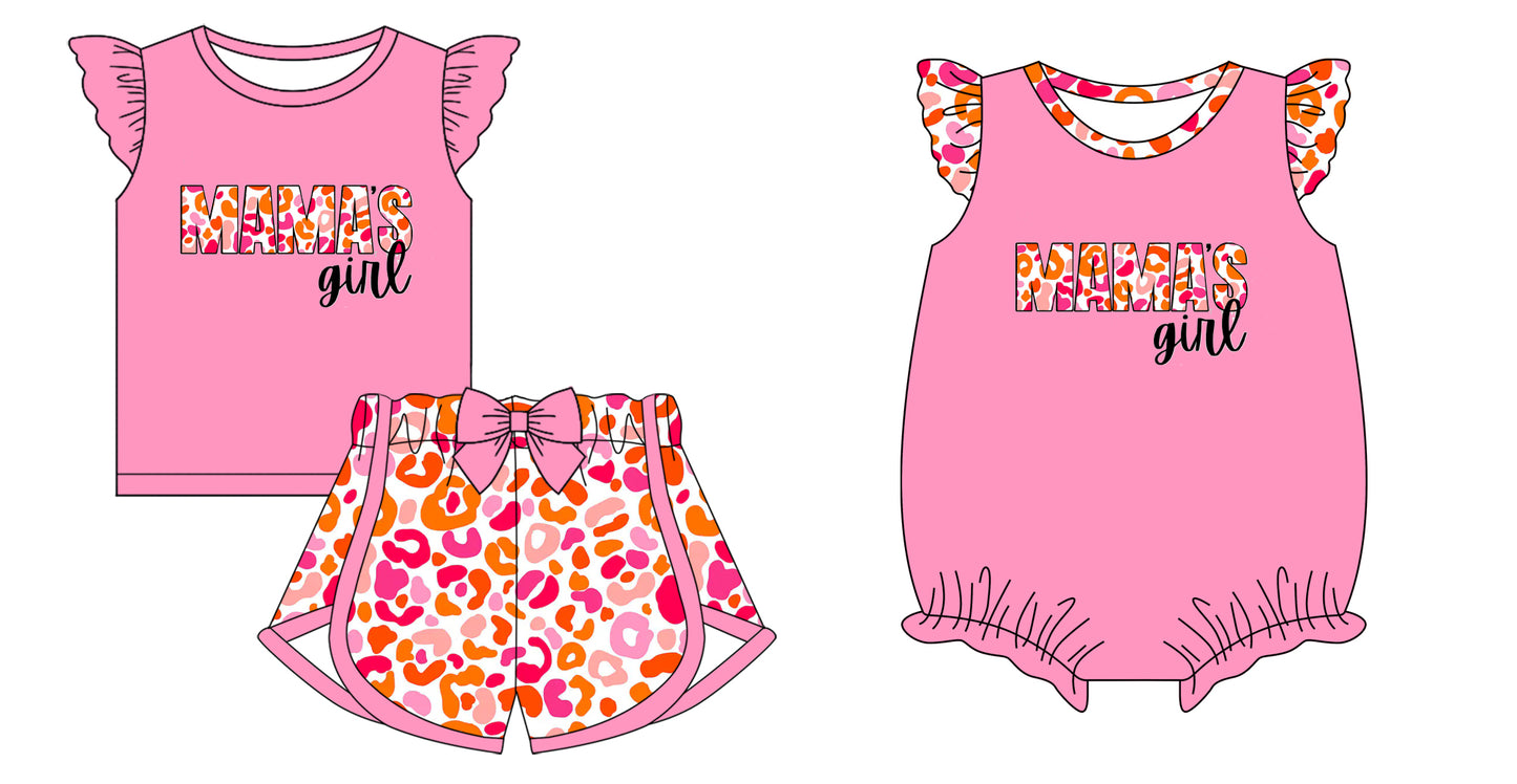 12.4 custom each style moq 5eta 4-6week Sibling Sister MAMA GIRL leopard Baby girl short sleeve shorts sets and rompers match design