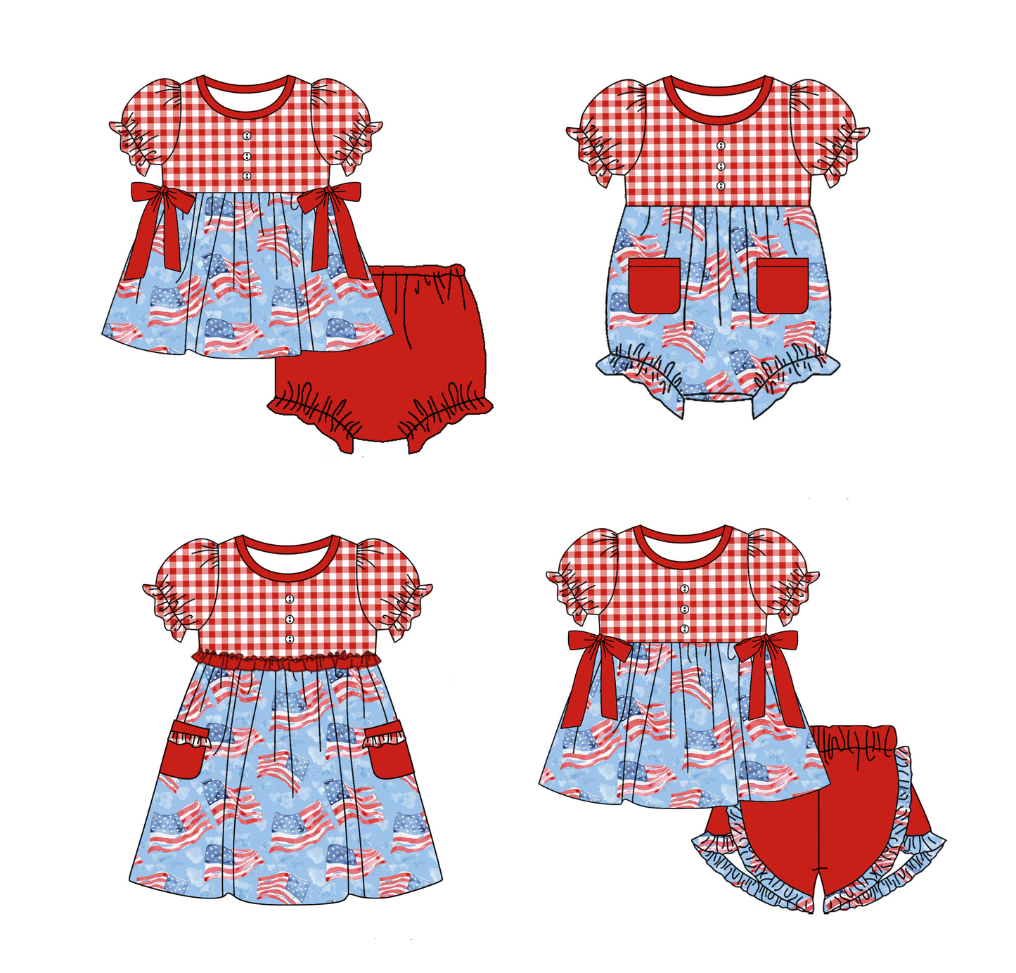 11.26 custom each style moq 5eta 4-6week Sibling Sister 4th of july baby girl short sleeve shorts sets and briefs sets 2 and girls romper and dress match design