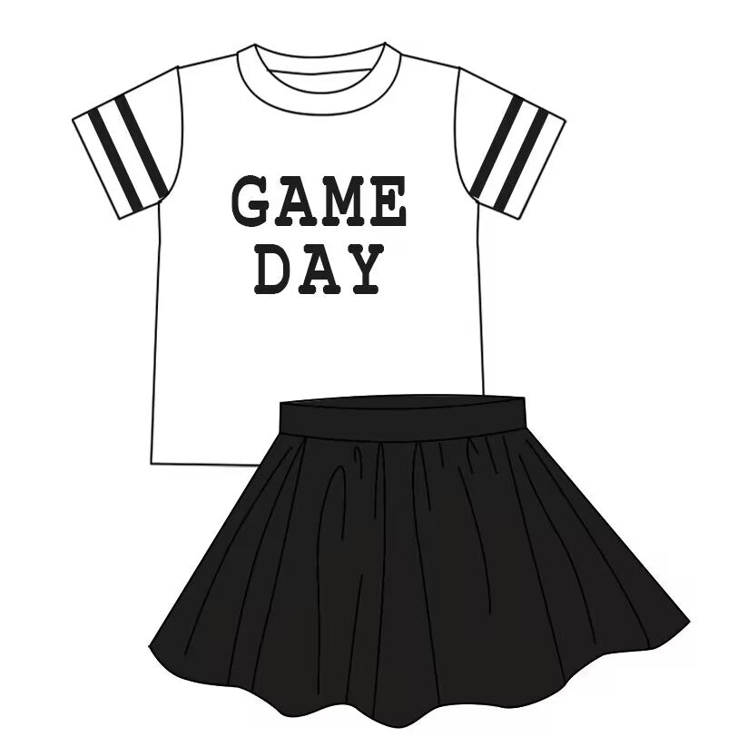 custom moq 5 tat about 4-6 weeks baby girls clothes GAME DAY black and white short sleeve skirts summer outfits