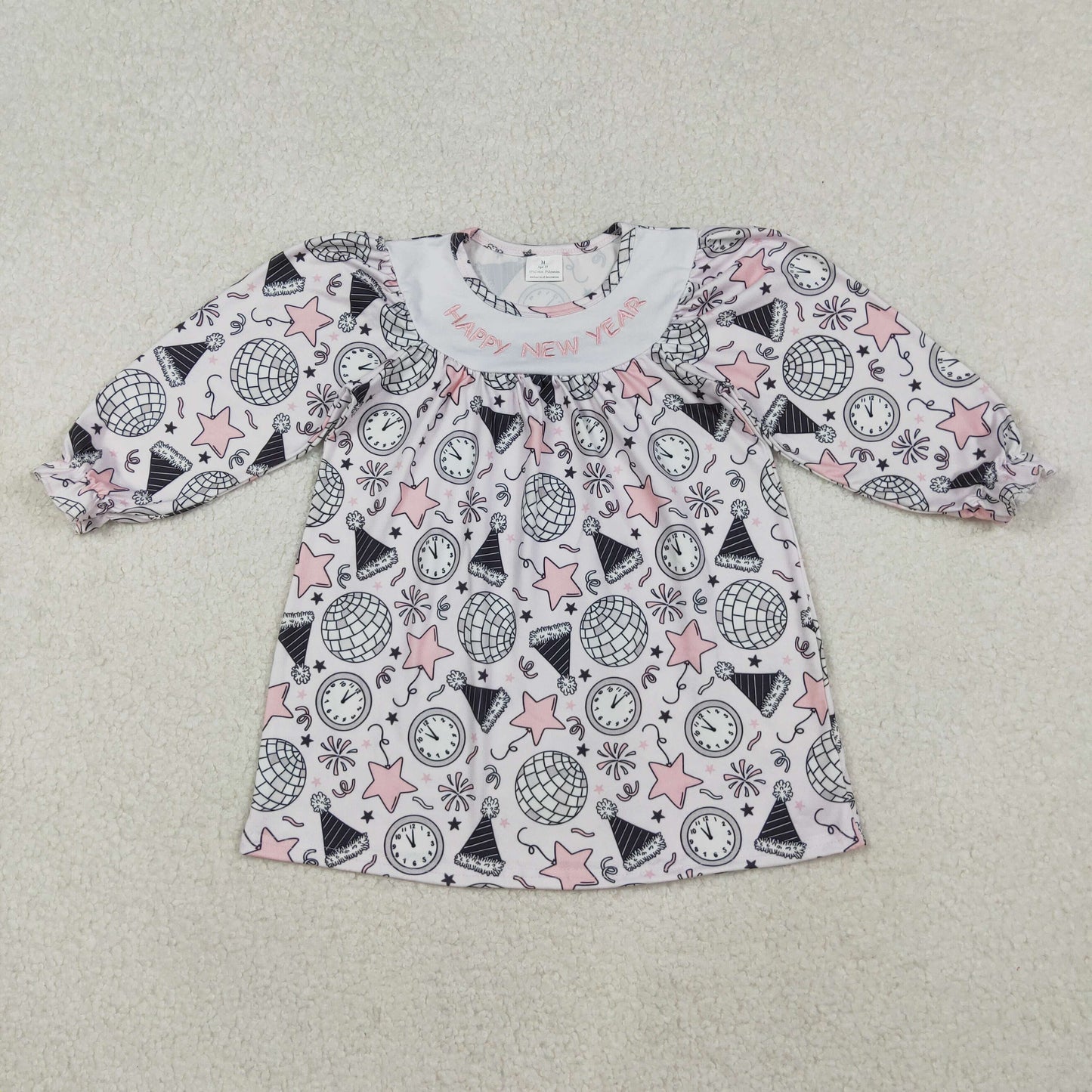 RTS NO MOQ(In Stock) GLD1231 Pink long-sleeved dress with embroidered Happy New Year, stars, fireworks, and lights