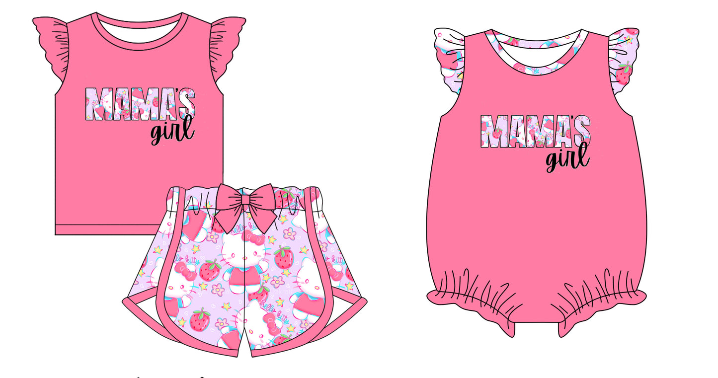 12.4 custom each style moq 5eta 4-6week Sibling Sister MAMA GIRL hello kitty baby girl short sleeve shorts sets and rompers match design