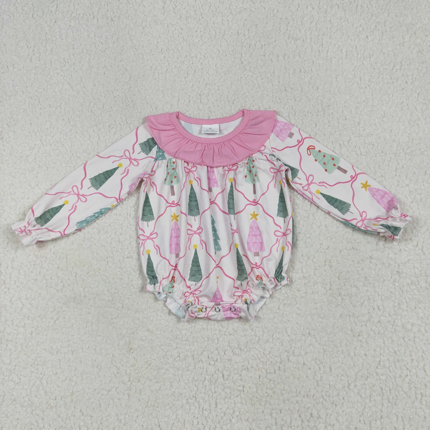 RTS NO MOQ LR2275 Beige long-sleeved bodysuit with pink lace and Christmas tree bow pattern
