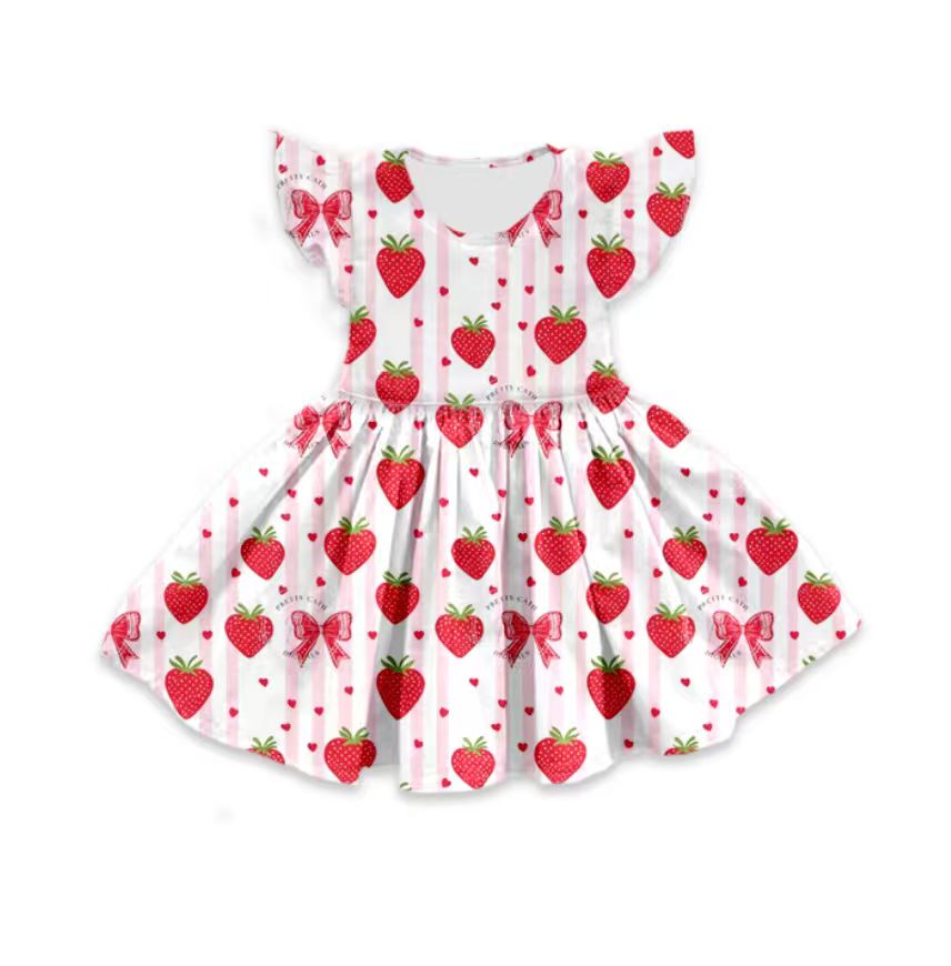 Custom moq 5 mix size milk silk baby girl clothes strawberry bow flying sleeve shorts sets and dresses 2