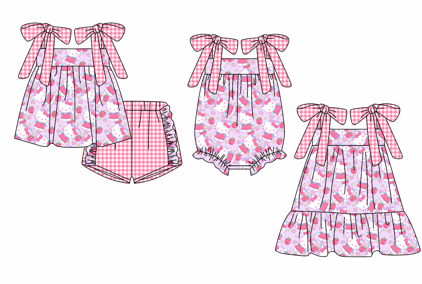 12.4 custom each style moq 5eta 4-6week Sibling Sister hello kitty baby girl short sleeve shorts sets and dress and rompers match family design