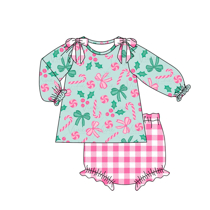 Deadline September 26 custom no moq eta 6-8weeks Pink Striped Christmas Cane-Through-Bow Decorated Green Puff Sleeve Top-Pink Plaid Shorts Set