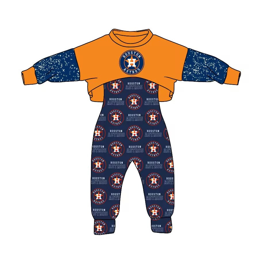 Custom moq 3 tat about 6-8 weeks team baby girls clothes orange long sleeve and long pants 2pcs suit