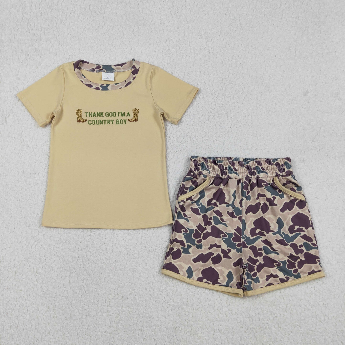RTS NO MOQ(In Stock) Embroidery Thank God I'm a Country Boy Boots Letter Short-Sleeve Camouflage Shorts Set