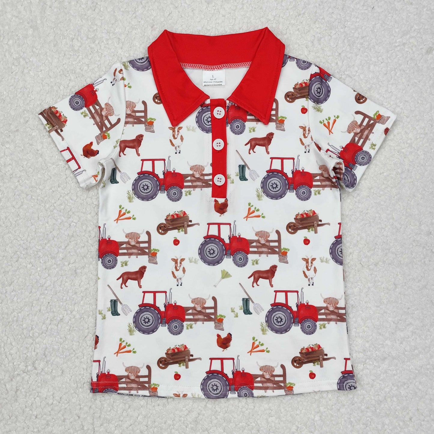 RTS NO MOQ(In Stock)Farm Animal Tractor Red and White Button Short Sleeve Top