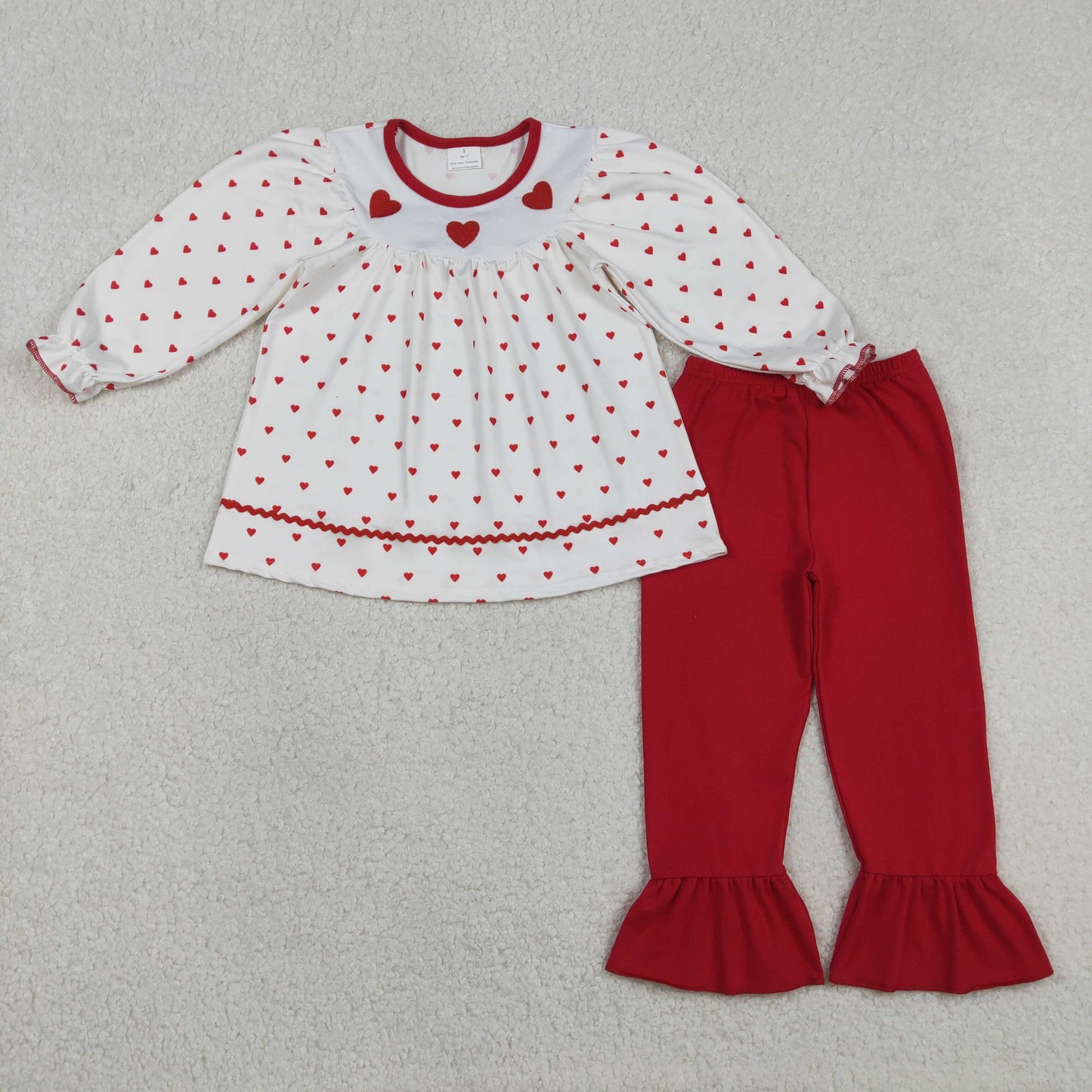 RTS NO MOQ(In Stock) Embroidered Valentine's Day Heart White Long-Sleeved Red Pants Set