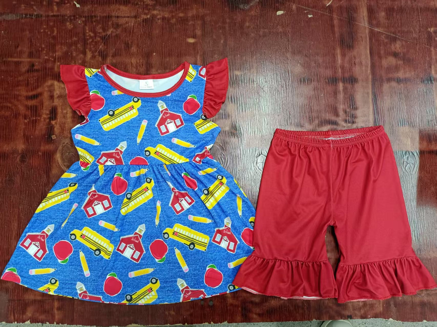 Custom moq 3 eta 6-7weeks baby girls clothes back to school blue sleeveless shorts sets