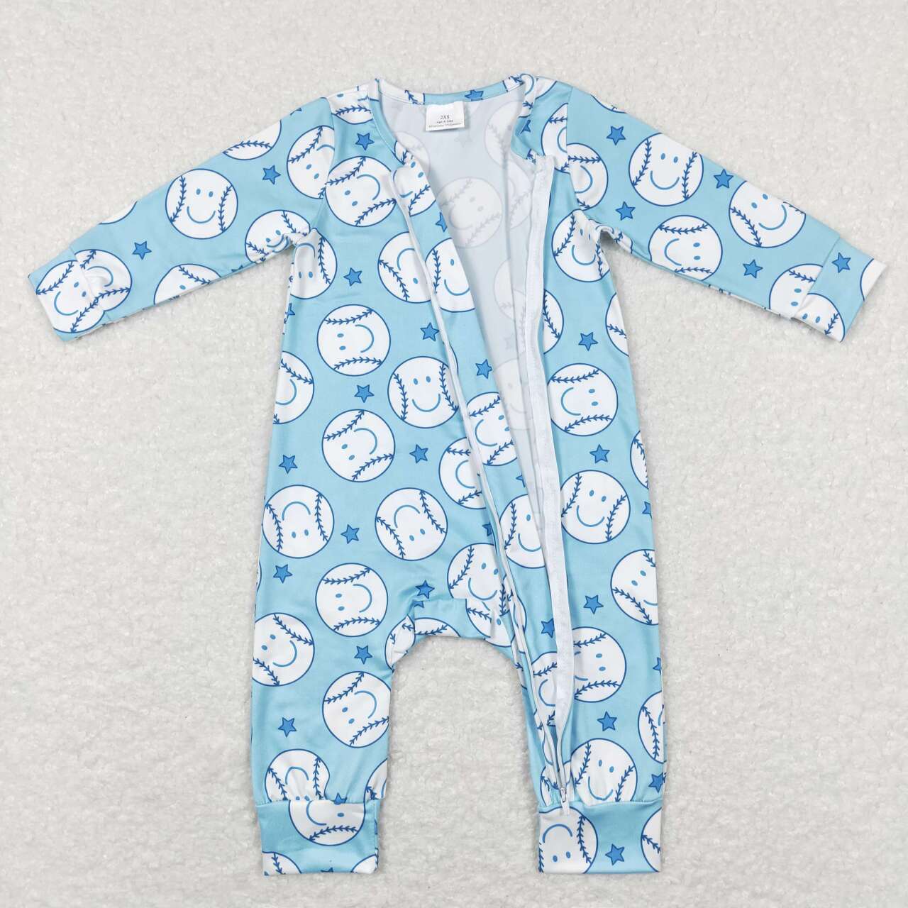 LR0824 Smiley Baseball Star Blue Zip Long Sleeve Jumpsuit