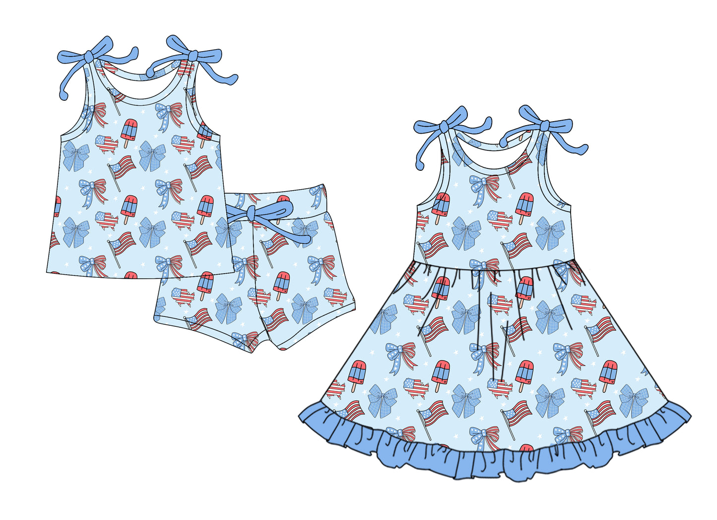 25.12.29 custom each style moq 5 eta 6-8week Sibling Sister flag bow baby short sleeve shorts sets and dress match design