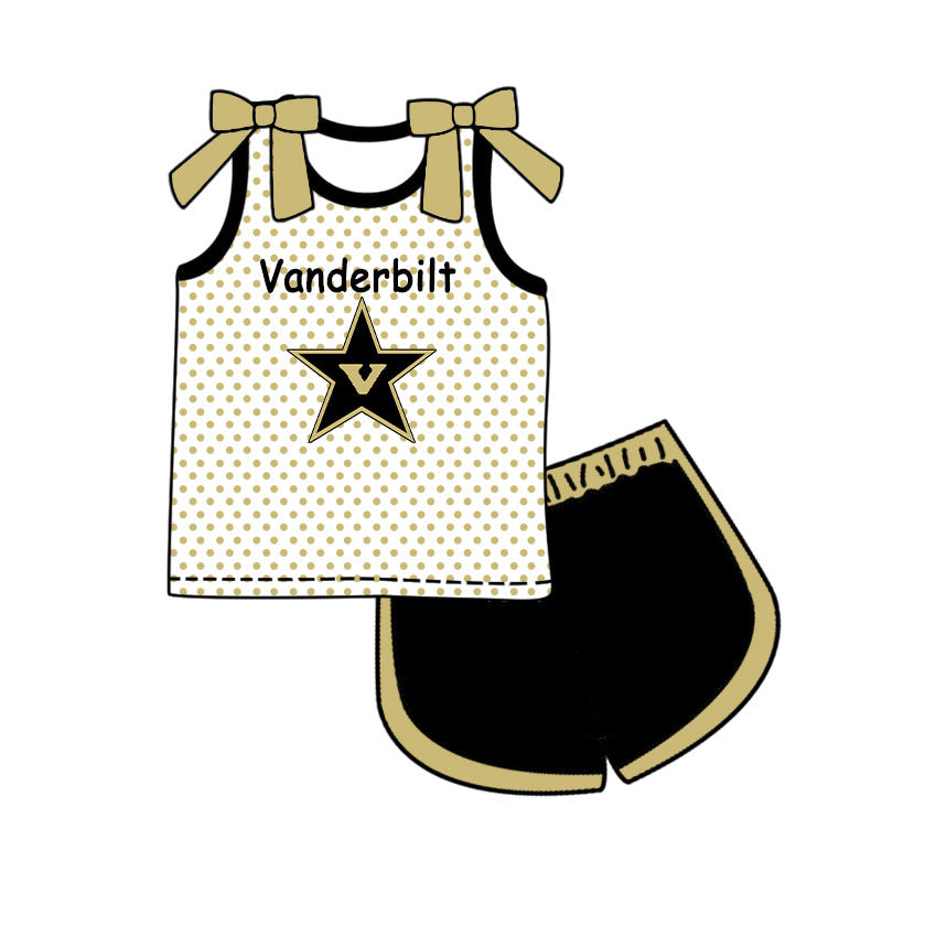 Custom moq 5 mix size milk silk summer teams Baby Girls Summer Bow Sleeveless Polka Dot Top Black Shorts Casual Set