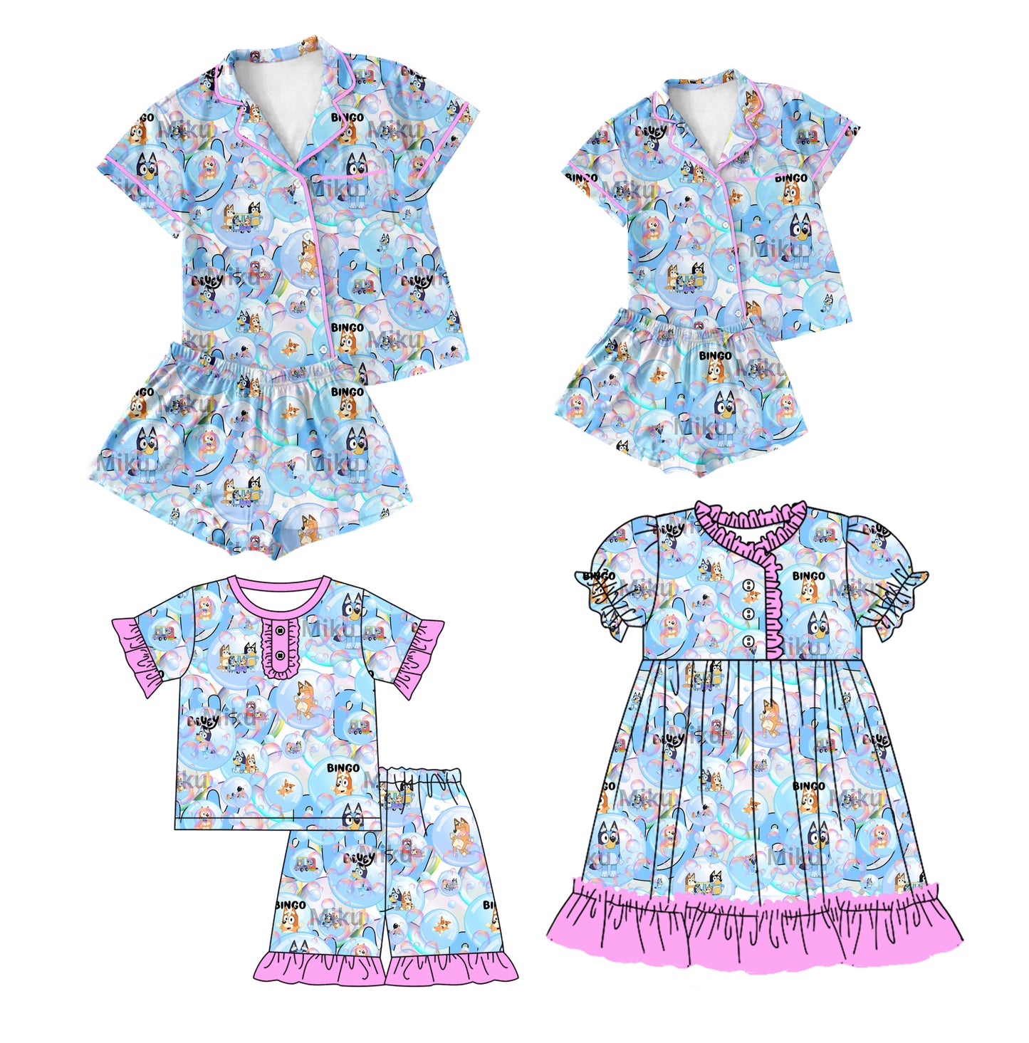 12.14 custom each style moq 5eta 4-6week Sibling Sister carton dog baby girls short sleeve shorts sets and adult sets and girls sets and dress match design