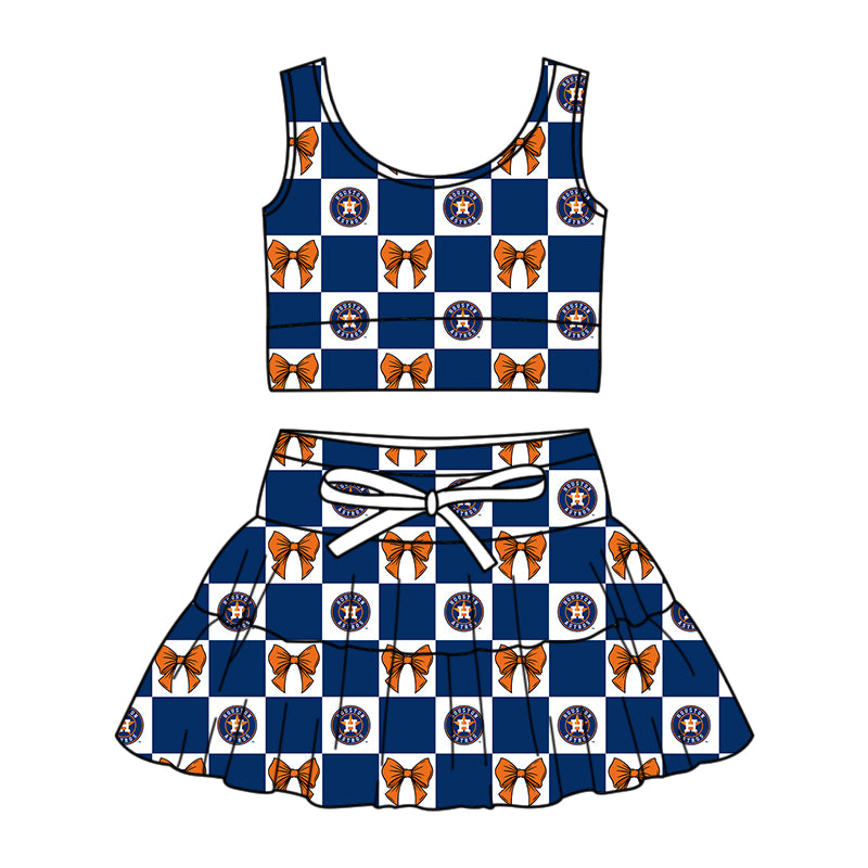 Custom moq 3 or 5 mix size milk silk summer teams baby girl clothes bow blue sleeveless skirts sets-26.1.21