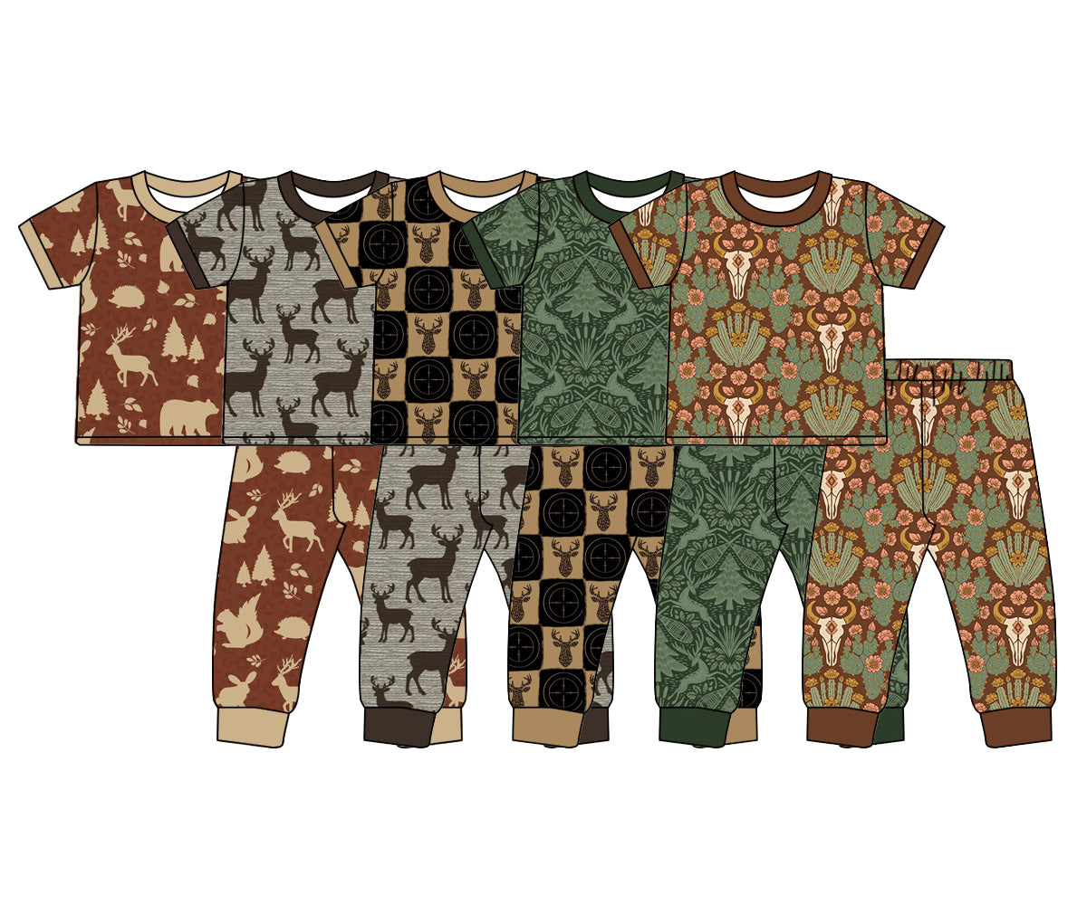 4.14 Custom moq 5 mix size Sibling Baby Boys Deer Print Short Sleeve Hunting Pajamas Set