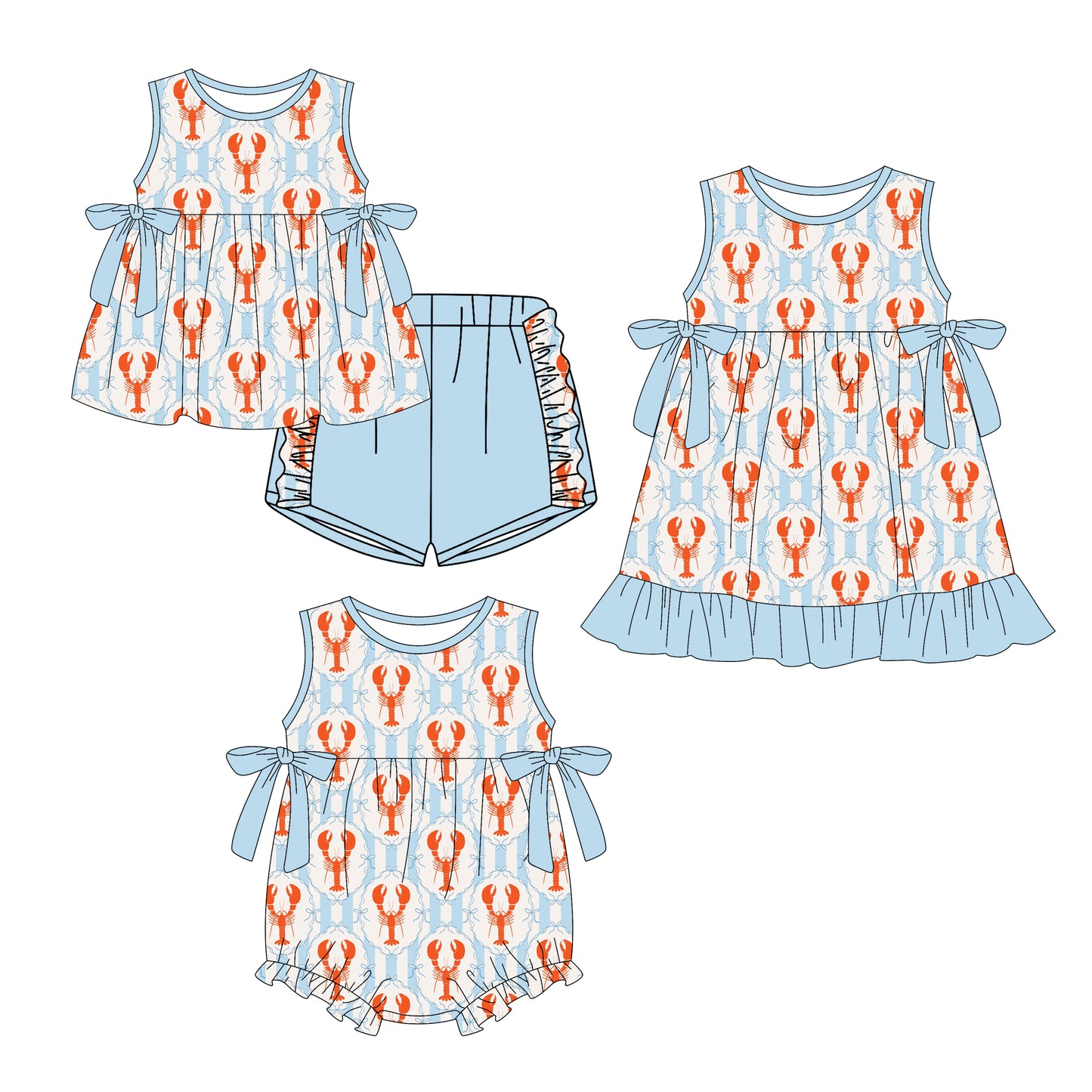 25.12.17 custom each style moq 5 eta 6-8week Sibling Sister lobster bow baby short sleeve shorts sets and romper and dress match design