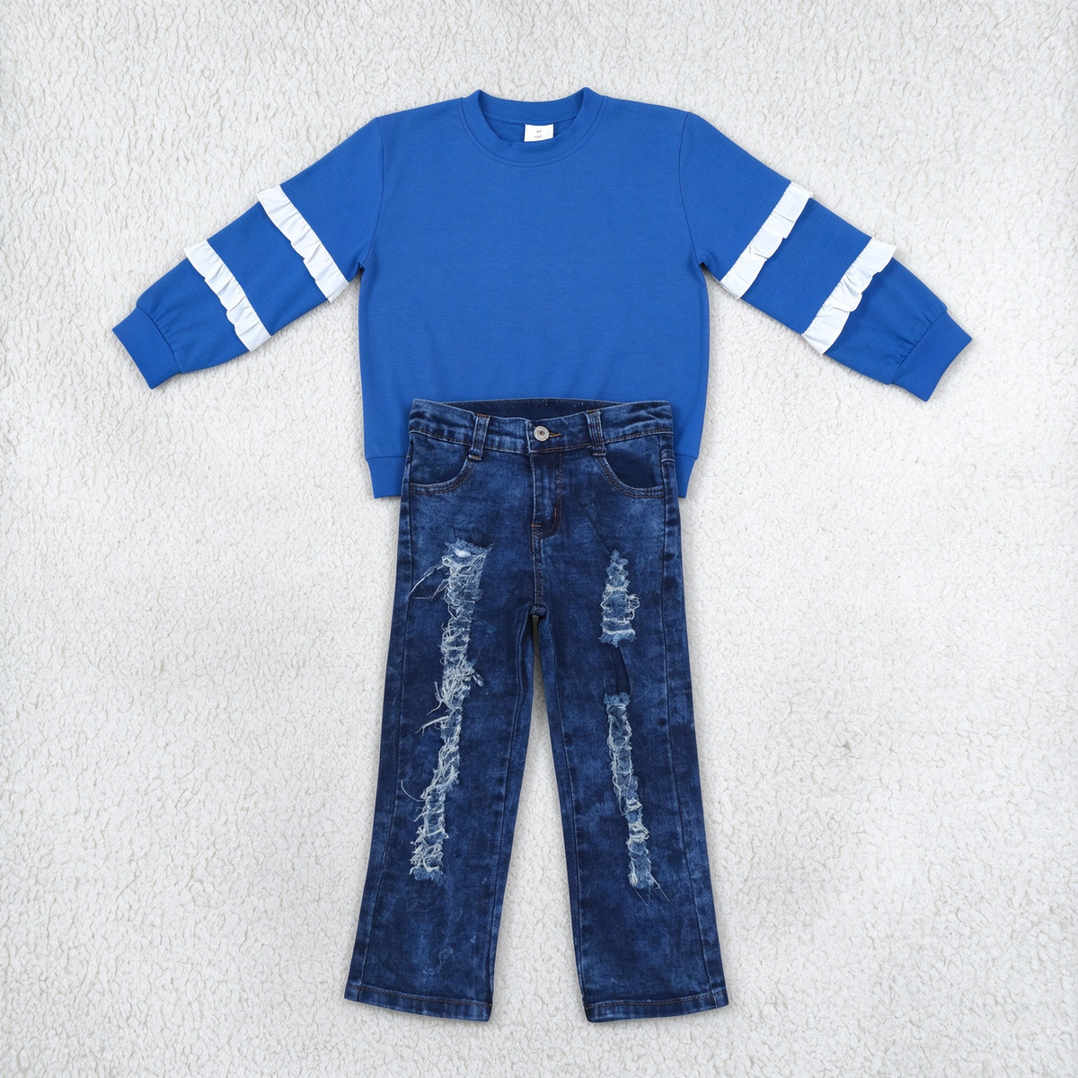 NEW RTS NO MOQ Denim GT1860+ P0197 Baby Girls Royal Blue Ruffle Sleeve Top Distressed Navy Blue Denim Pants Set