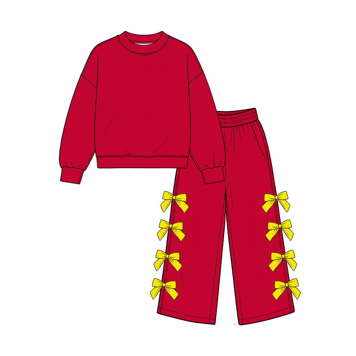 custom moq 5 mix size Baby Girls Red Long Sleeve Top And Yellow Bow Wide Leg Pants Fall Casual Outfit