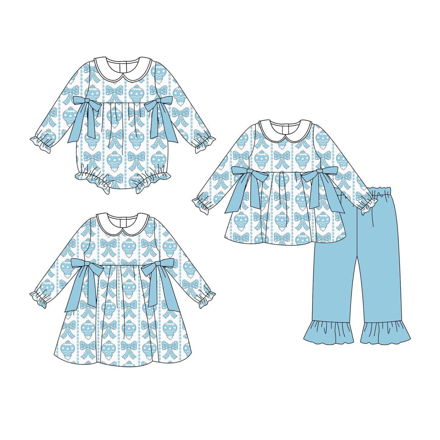 25.8.27 custom each style moq 5eta 4-6week Sibling Sisters pumpkin bow blue baby girl long sleeve pants sets and dress and rompers match family design