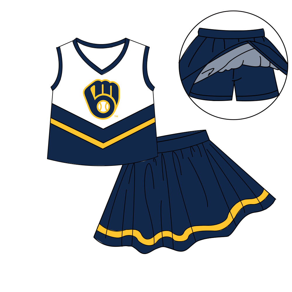 Custom moq 5 mix size milk silk eta 6-8weeks summer teams naby blue baby girls clothes team sleeveless skirts shorts sets-25.7.8
