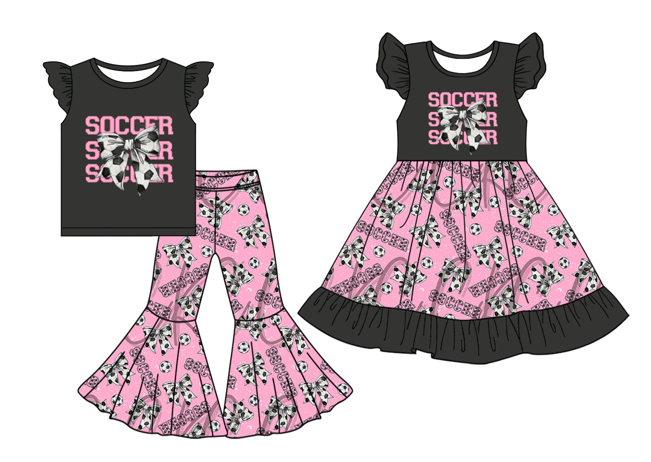 5.2 custom each style moq 5eta 4-6week Sibling Sister SOCCER bow baby girl pants sets and dress match family design