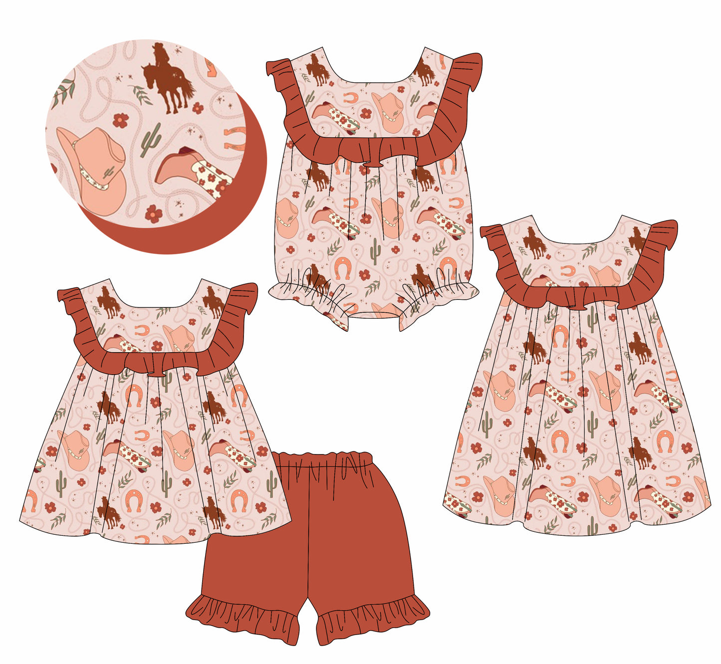 2.28 custom each style moq 5eta 4-6week Sibling Sister boot hat baby girl short sleeve shorts sets and dress and rompers match family design