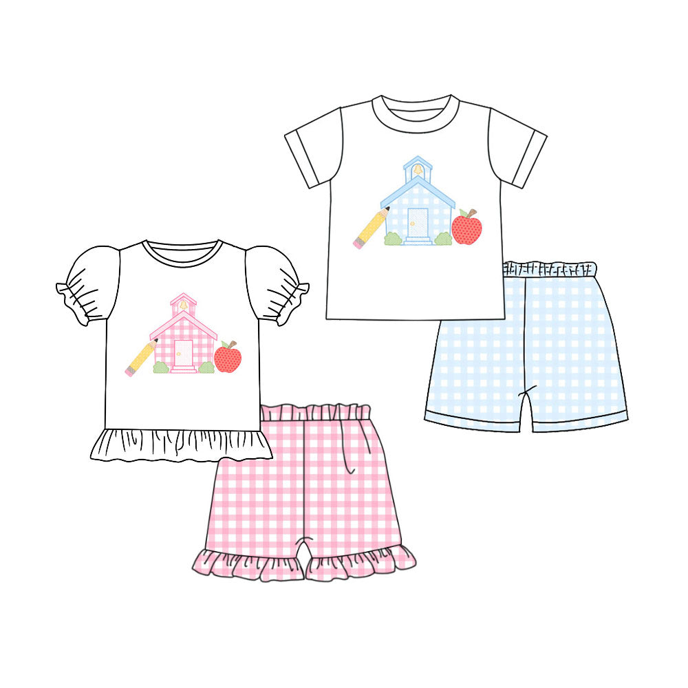 4.9 Custom moq 5 mix size Sibling Baby Boy And Girl White Short-Sleeved Top Checked Short Clothes Back To School Set