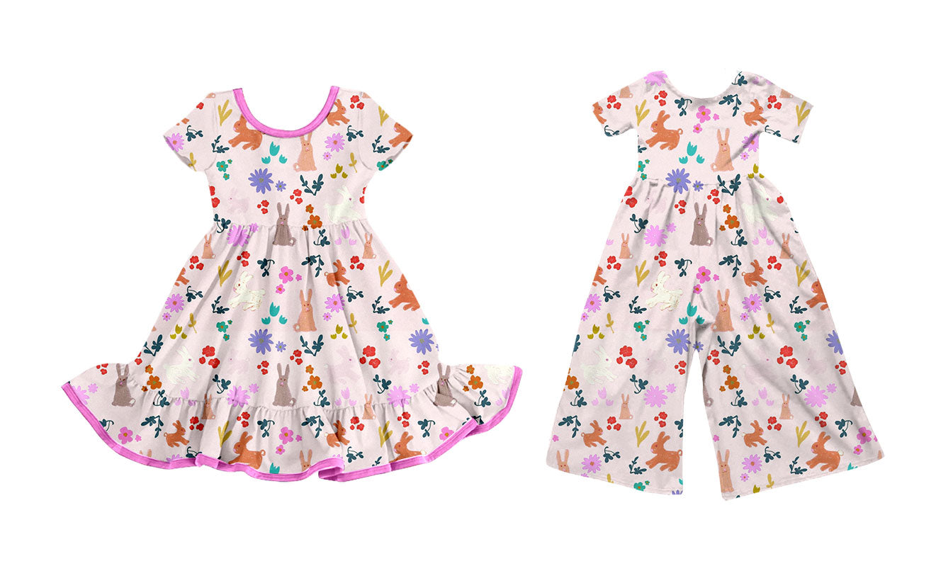 25.9.25 custom each style moq 8 eta 6-8week Sibling Sisters bunny floral baby girl long sleeve dress and jumpsuit match family design
