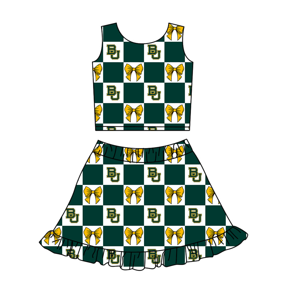 Custom moq 3 or 5 mix size milk silk summer teams baby girl clothes bow green sleeveless skirts sets-26.1.24