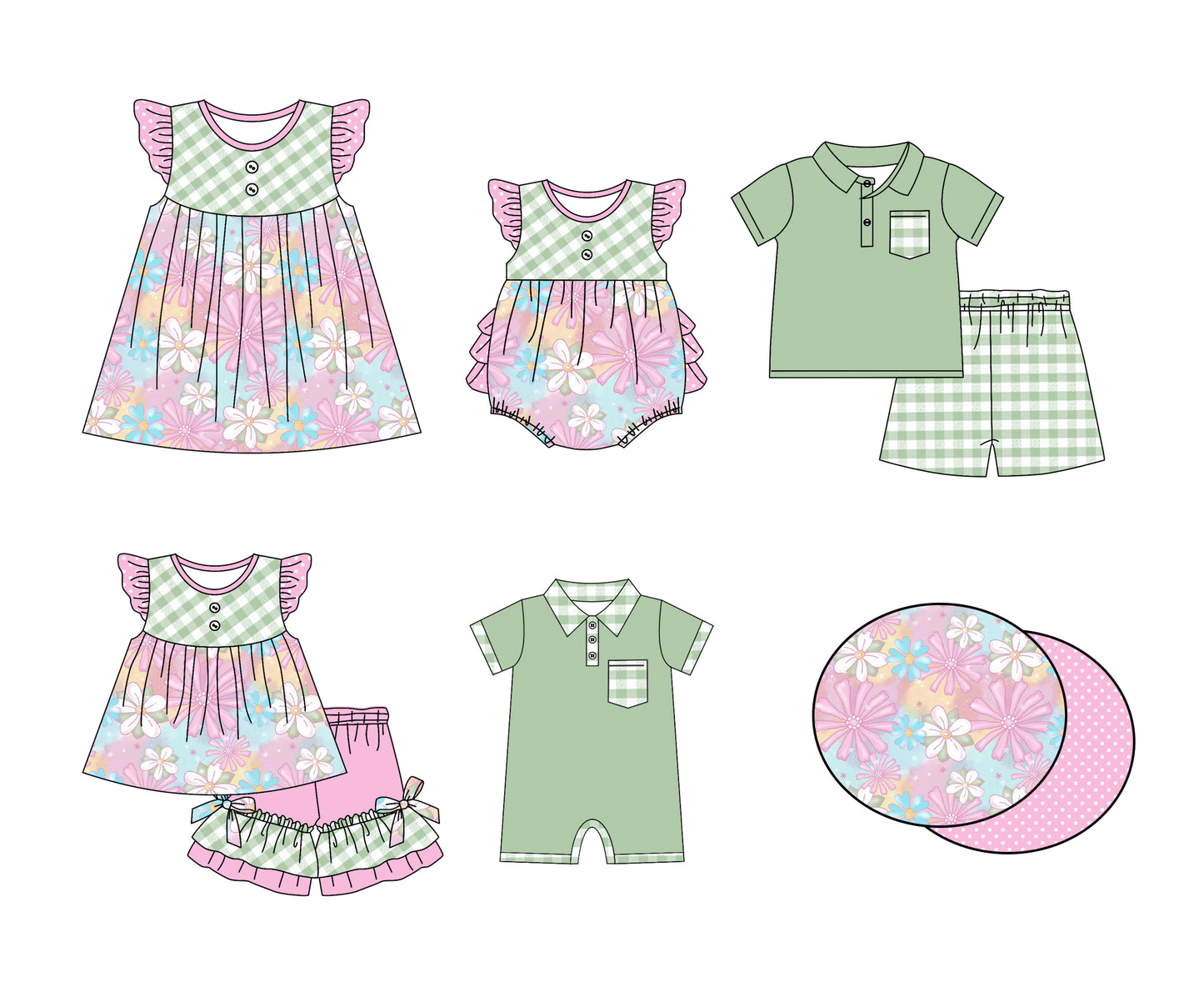 11.6 custom each style moq 5eta 4-6week Sibling Sister floral baby girl short sleeve shorts sets and sets 2 and girls romper and boy romper and dress match design
