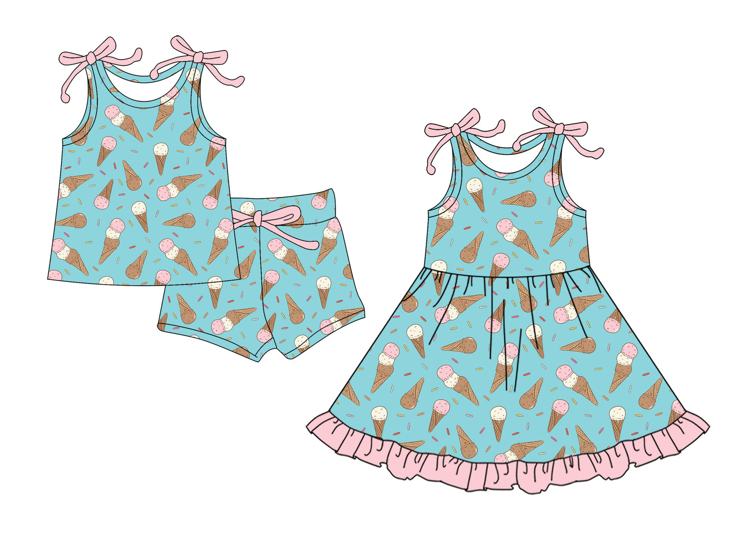 Custom moq 5 mix size Sibling Baby Girl's Light blue-green sleeveless Top And Shorts Set Cute Dress for Summer