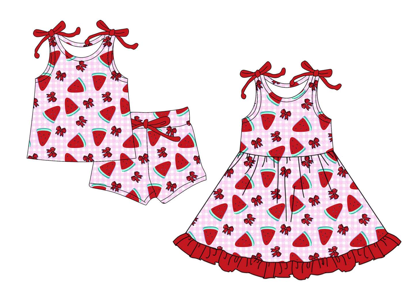 Custom moq 5 mix size Sibling Watermelon Bow Print Plaid Camisole Top And Shorts Set Dress Baby Girls Summer Outfit