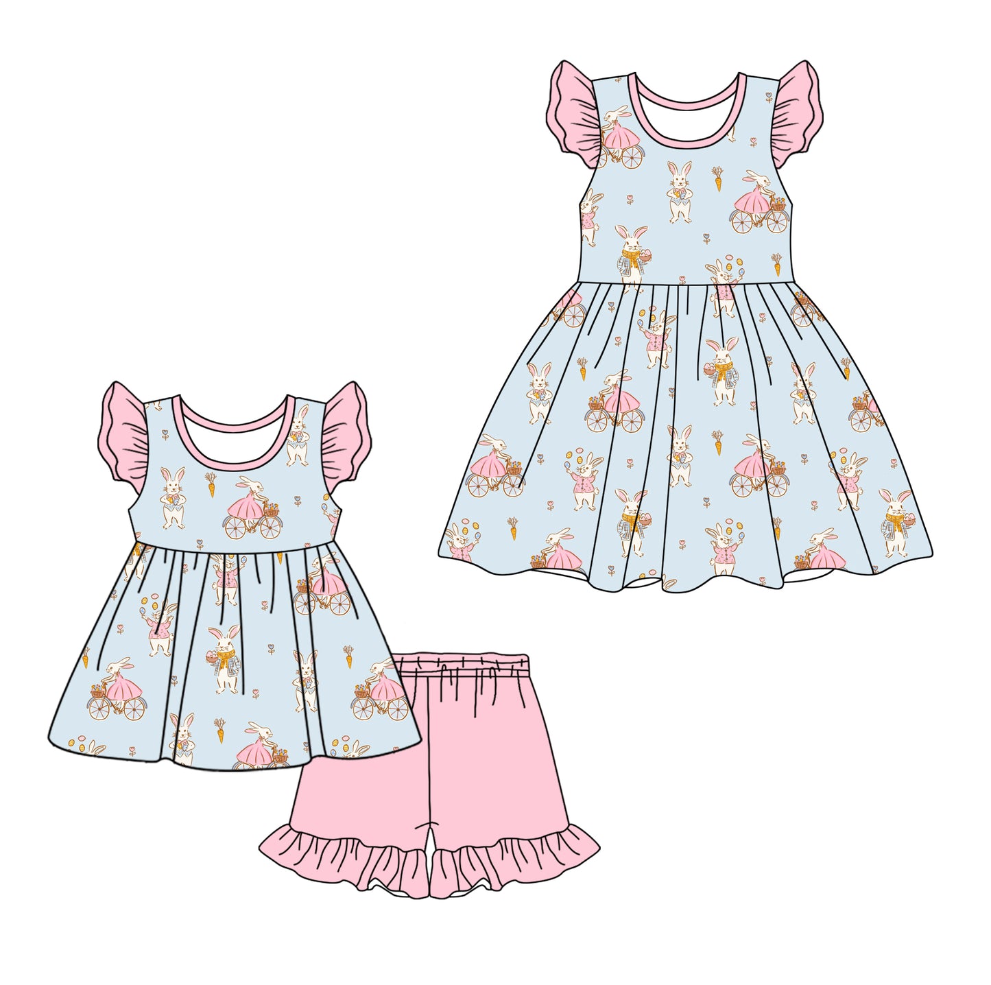 12.7 custom each style moq 5eta 4-6week Sibling Sister easter baby girl short sleeve shorts sets and dresses match design