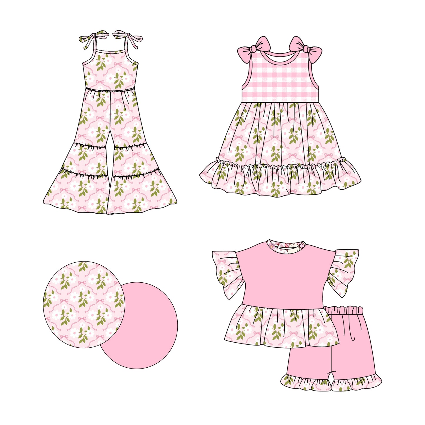 2.21 custom each style moq 5eta 4-6week Sibling Sister bow floral baby girl sets and dress and jumpsuit match family design