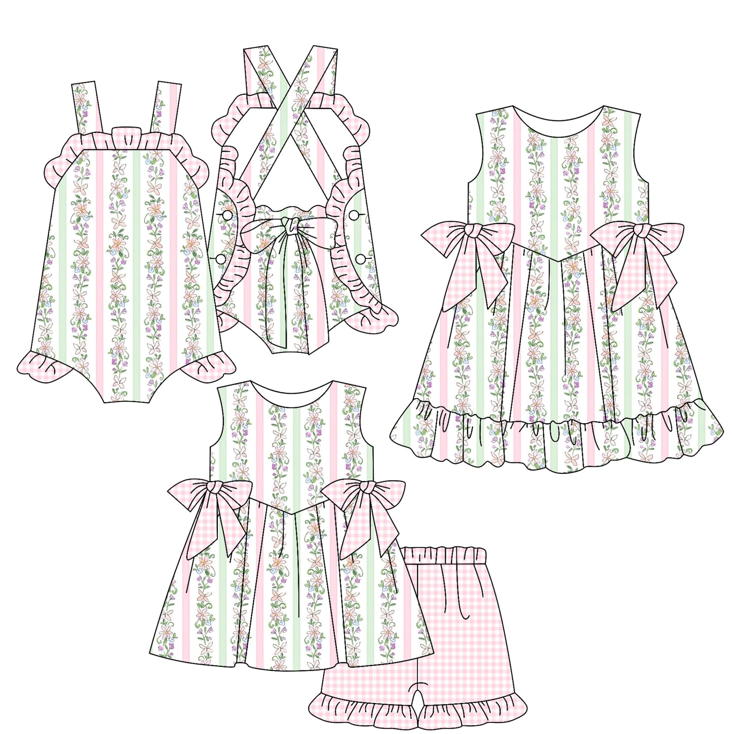 3.18 Custom moq 5 mix size Sibling Baby Girl's Flowers Stripe Sleeveless Tunic Ruffle Shorts Set Cute Romper Dress for Summer