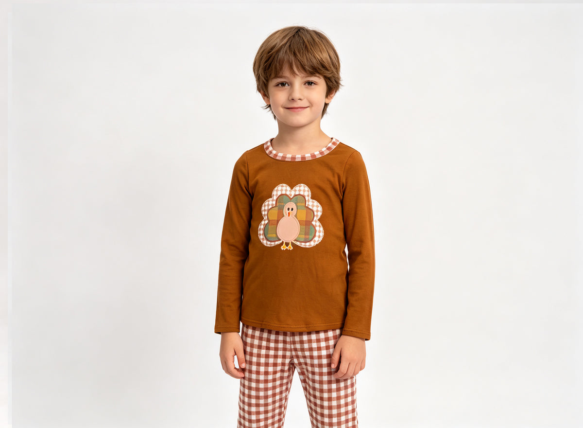 (Sample) No moq milk silk BLP1516 Embroidery Turkey Baby Boys Long Sleeve Top Checked Pants Thanksgivings Clothes Set
