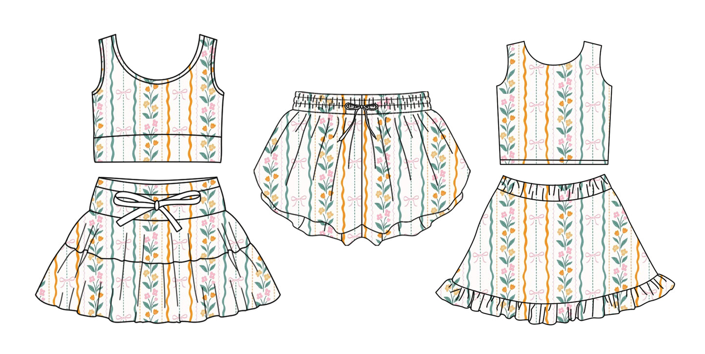 3.27 Custom moq 5 mix size Sibling Baby Girls Sleeveless Flowers Top And Skirts Set Yoga Shorts Outfit