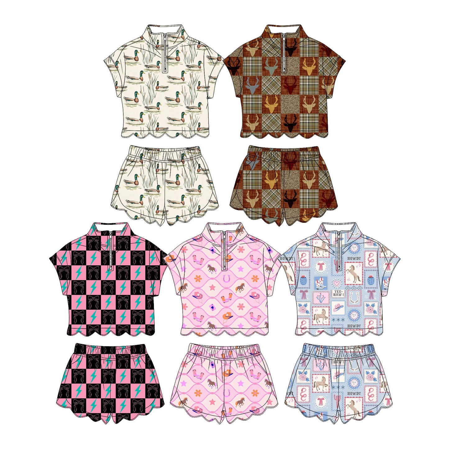 3.30 Custom moq 5 mix size Sibling Baby Girl's Checked Zip Top Short Scallop Clothes Set