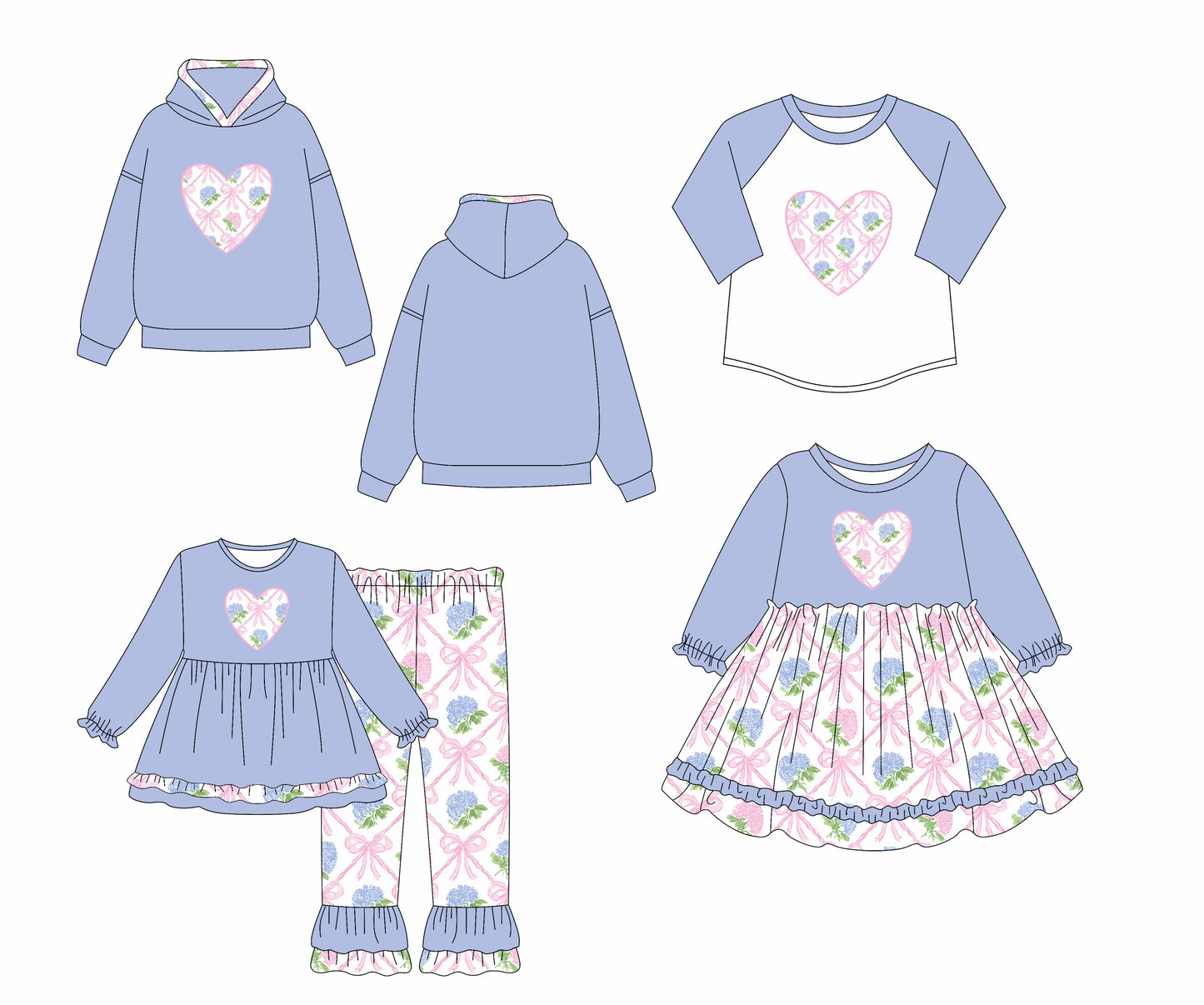 25.7.14 custom each style moq 5eta 4-6week Sibling Sisters floral bow blue baby girl long sleeve pants sets and dress and top 1 and top 2 match family design