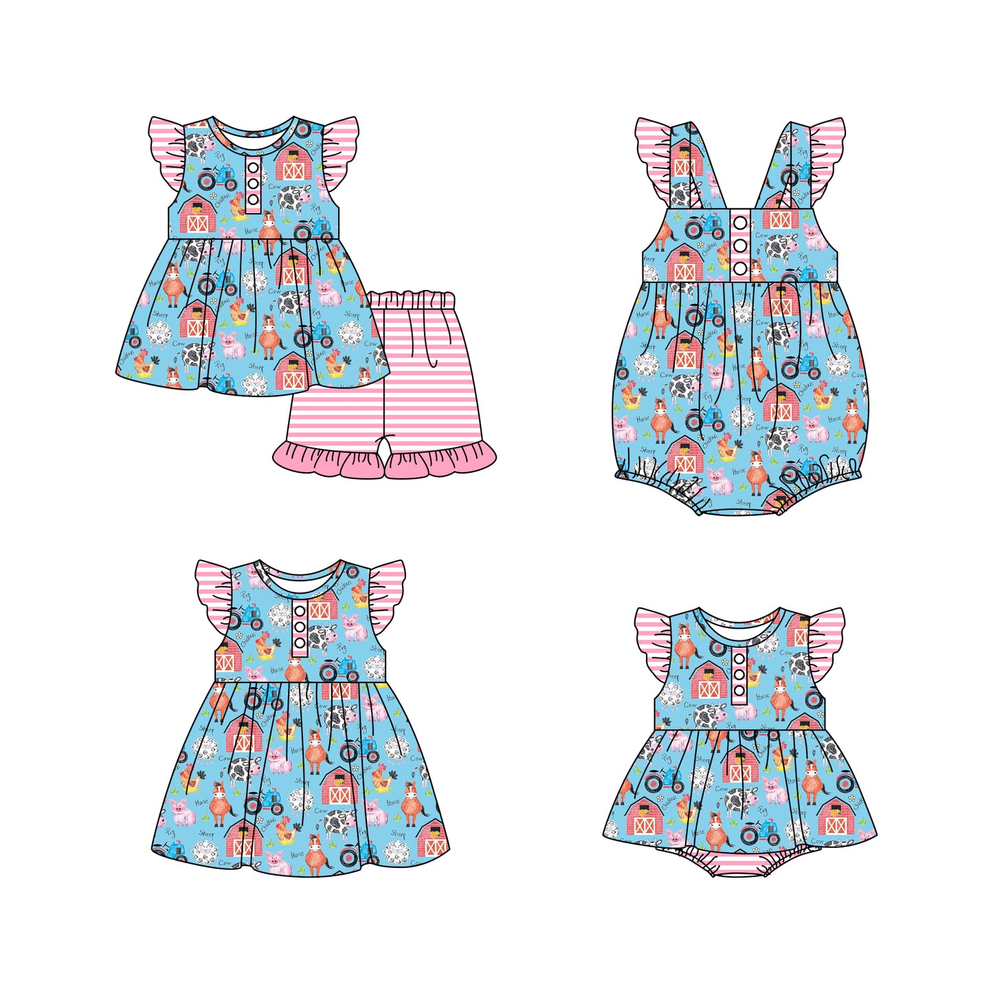 11.16 custom each style moq 5eta 4-6week Sibling Sister farm baby girl short sleeve shorts sets and girls romper and boy romper and dress match design
