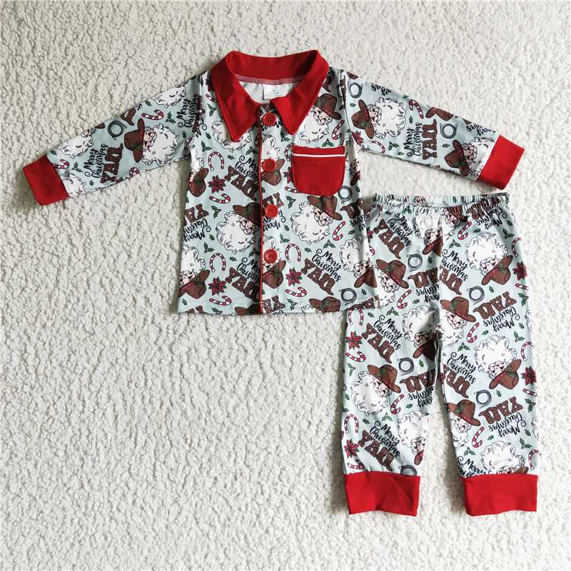Baby Girls boysChristmas style Santa Claus print blue red cuffs Family siblings set