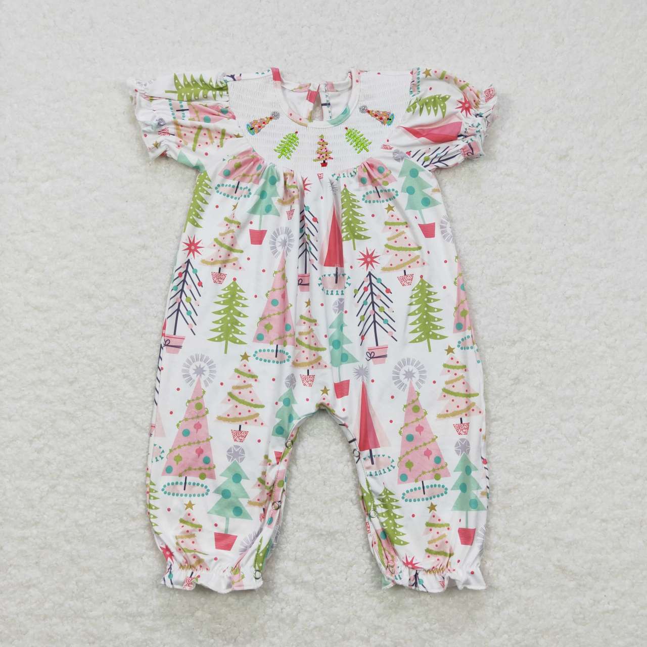 SR0419 smocked embroidered Christmas tree white short-sleeved jumpsuit