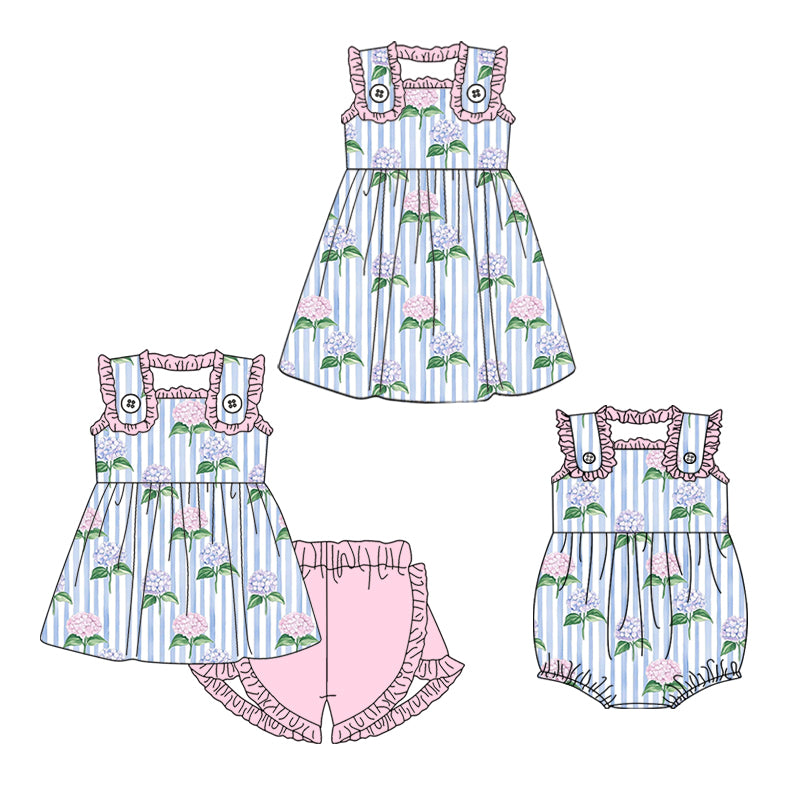3.7 Custom moq 5 mix size Sibling Baby Girl's Floral Stripes Sleeveless Top And Pink Shorts Set Cute Romper Dress for Summer
