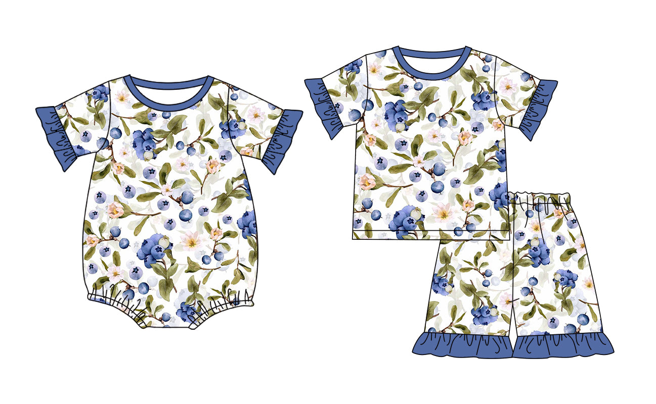 Custom moq 5 mix size Sibling blue Short-Sleeved Baby Girl Pajama Set with Top And Shorts Romper for Little Ones